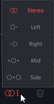 Channel routing menu with Stereo, Left, Right, Mid, Side