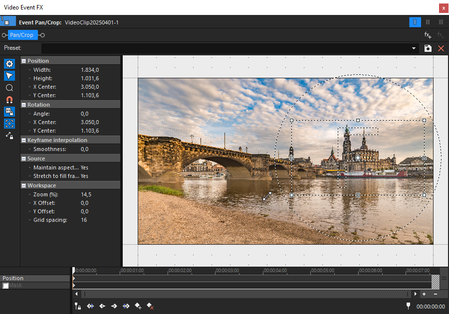 Pan/Crop window with selection box for cropping a video event.